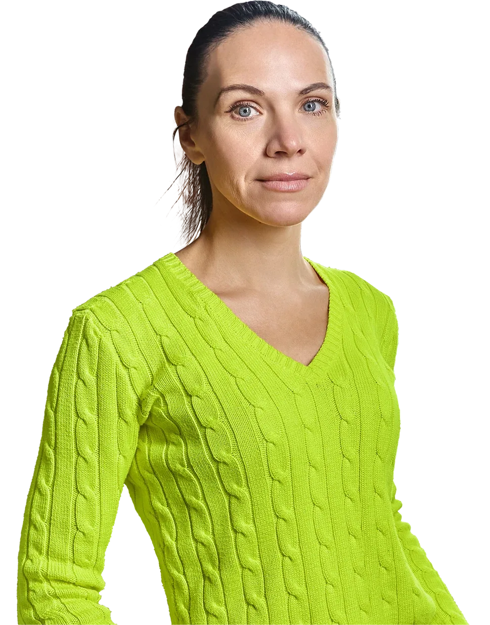 Woman in a bright green sweater standing confidently against a purple background, next to text saying Aim Lower.